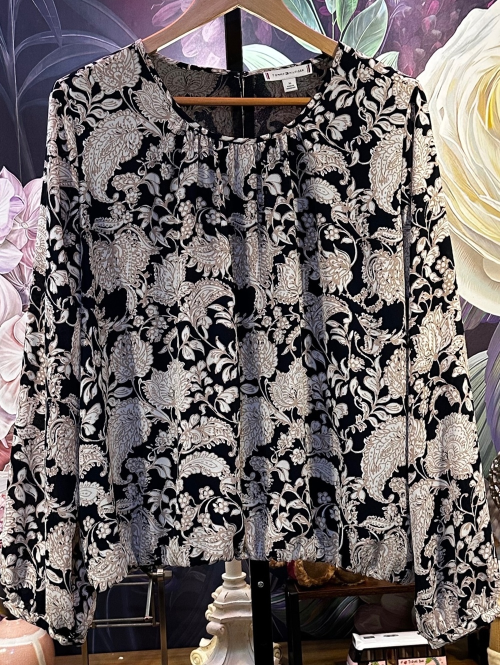Tommy Hilfiger XL Paisley Floral Blouse Boho Whimsigoth Long Sleeve Black Beige